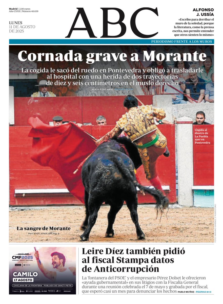 caminantes21's tweet photo. Se quemó la Mezquita, se queman Las Médulas, Israel sigue el genocidio y mata a 5 periodistas, Trump amenaza al mundo, las urgencias médicas colapsan en media España, FP y Universidad vendidas a la privada, los políticos mienten sobre sus estudios.
Y ABC elige esta portada... https://t.co/IjO9XTq6Bu