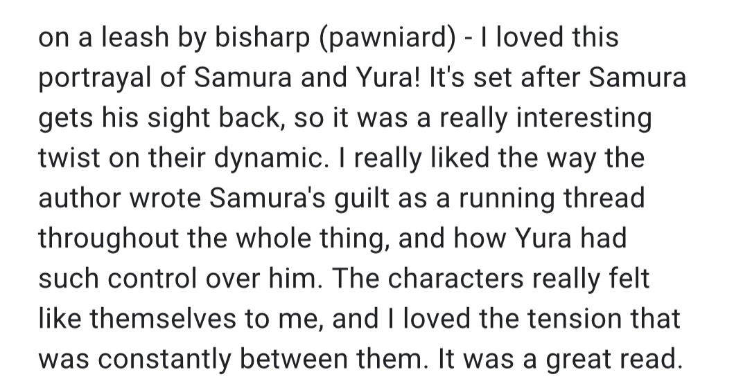 #270

 on a leash | E | Yuramura, Yura/Samura | oneshot | 4.6k | NSFW | author: bisharp (pawniard)

archiveofourown.org/works/68277276