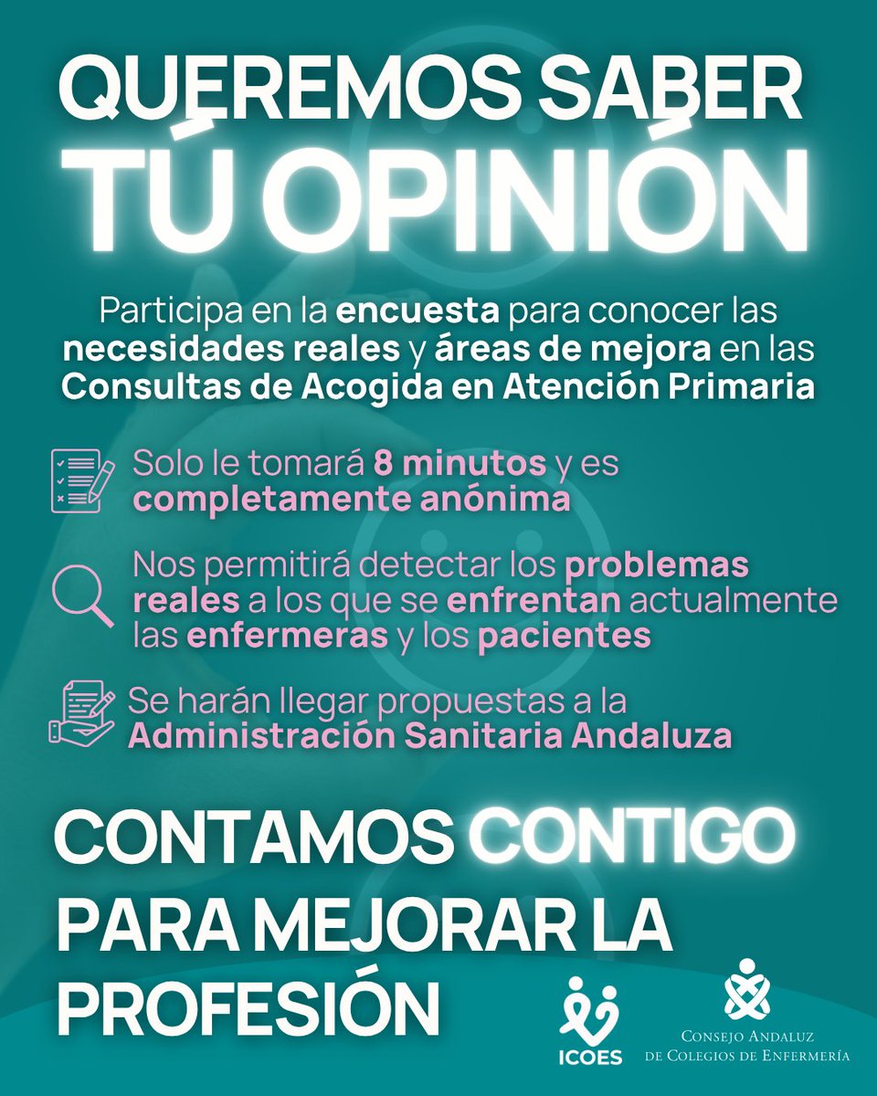 Colegio de Enfermería de Sevilla (@icoesevilla) on Twitter photo 📰 El <a href="/consejo_andaluz/">Consejo Andaluz de Enfermería</a> lanza una #macroencuesta para tomar el pulso a las necesidades y áreas de mejora de la Consulta de #Acogida de #AtenciónPrimaria
✅ Encuesta: ow.ly/ic5w50W2uYU
🔗<a href="/saludand/">Consejería de Salud y Consumo</a> 📰 El <a href="/consejo_andaluz/">Consejo Andaluz de Enfermería</a> lanza una #macroencuesta para tomar el pulso a las necesidades y áreas de mejora de la Consulta de #Acogida de #AtenciónPrimaria
✅ Encuesta: ow.ly/ic5w50W2uYU
🔗<a href="/saludand/">Consejería de Salud y Consumo</a>