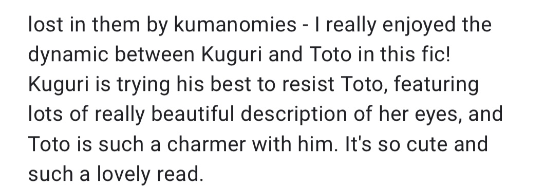 #271

lost in them | G | Kugutoto | oneshot | 1.1k | author: <a href="/kumanomies/">nathie ⚔️🦇🩸</a> 

archiveofourown.org/works/68537096