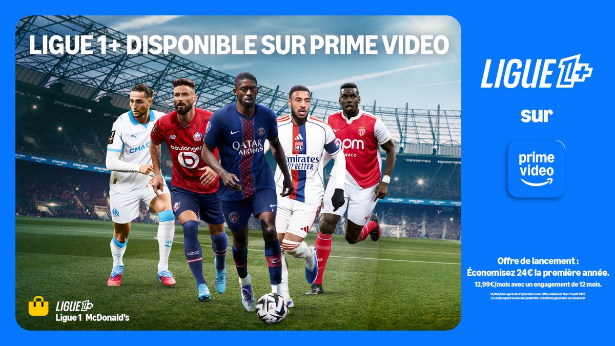 ⚽📺 LIGUE 1+ disponible à partir de cet après-midi sur Prime Video : tous les matchs, des contenus exclusifs et une offre de lancement à 12,99€/mois tout au long de la saison.