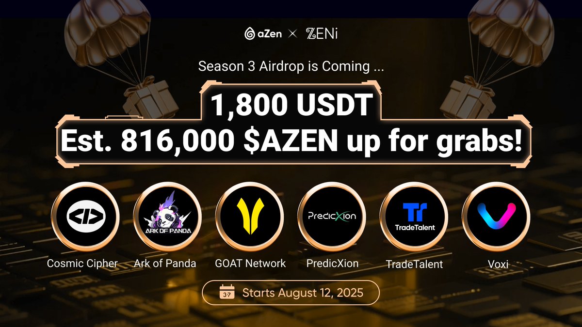 aZen (@azen_protocol) on Twitter photo 🚨aZen × ZENi Summer Airdrop Carnival Season 3 starts tomorrow!
🔥 Bigger rewards and stronger impact
💰 1,800 $USDT / est. 816,000 $AZEN
📅 August 12-19, 2025
🎯 Welcome our partners:
<a href="/CosmicCipher_1/">𝐂𝐨𝐬𝐦𝐢𝐜 𝐂𝐢𝐩𝐡𝐞𝐫</a>
<a href="/ArkOfPanda/">Ark of Panda🐼</a>
<a href="/GOATRollup/">GOAT Network 🟡</a>
<a href="/PredicXion/">PredicXion</a>
<a href="/TradeT_official/">TradeTalent</a>
<a href="/Voxi_VIP/">Voxi AI</a>
🏆 All 🚨aZen × ZENi Summer Airdrop Carnival Season 3 starts tomorrow!
🔥 Bigger rewards and stronger impact
💰 1,800 $USDT / est. 816,000 $AZEN
📅 August 12-19, 2025
🎯 Welcome our partners:
<a href="/CosmicCipher_1/">𝐂𝐨𝐬𝐦𝐢𝐜 𝐂𝐢𝐩𝐡𝐞𝐫</a>
<a href="/ArkOfPanda/">Ark of Panda🐼</a>
<a href="/GOATRollup/">GOAT Network 🟡</a>
<a href="/PredicXion/">PredicXion</a>
<a href="/TradeT_official/">TradeTalent</a>
<a href="/Voxi_VIP/">Voxi AI</a>
🏆 All