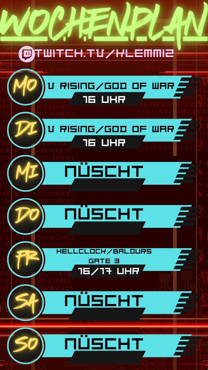 Wunderhübschen Montag gewünscht. 🍵
Hier der dieswöchige Streamplan für #Twitch und ich würde mich freuen ein paar von euch nachher zum Start um 16 Uhr zu sehen. 😊 Habt einen schönen Tag. ✌️