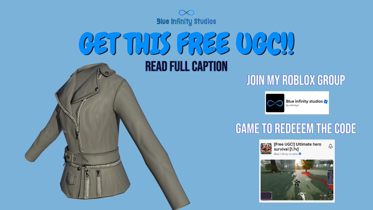 FREE UGC 😮Here's how to get it:
1. Join my Roblox group and hit notification button:
♾️ Blue infinity studios 
BlueInfinityStudios.short.gy/RobloxGroup
2. Follow me
3. Repost and like this post
4. Comment “Done”

End date: 18 August

We will choose 40 winner throught all social media accounts.