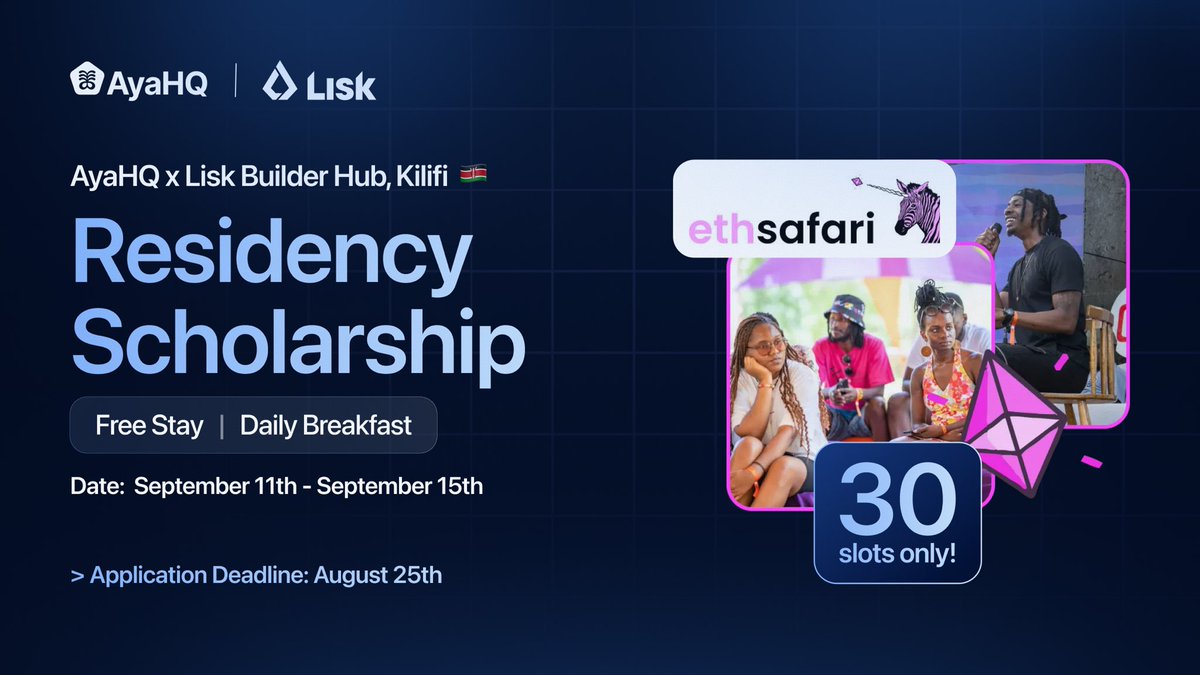 AyaHQ (Techstars '23) (@ayahq_) on Twitter photo Good news if you’re attending <a href="/ETHSafari/">ETHSafari</a> 2025!
We’ve got 30 fully sponsored residency slots at the <a href="/ayahq_/">AyaHQ (Techstars '23)</a> x <a href="/LiskAfrica/">Lisk Africa</a> <a href="/LiskHQ/">Lisk</a> Builders Hub, and it’s open to builders attending ETHSafari in Kilifi from September 11th to 15th.
Here’s what you’ll get:
▪️A cool space to Good news if you’re attending <a href="/ETHSafari/">ETHSafari</a> 2025!
We’ve got 30 fully sponsored residency slots at the <a href="/ayahq_/">AyaHQ (Techstars '23)</a> x <a href="/LiskAfrica/">Lisk Africa</a> <a href="/LiskHQ/">Lisk</a> Builders Hub, and it’s open to builders attending ETHSafari in Kilifi from September 11th to 15th.
Here’s what you’ll get:
▪️A cool space to