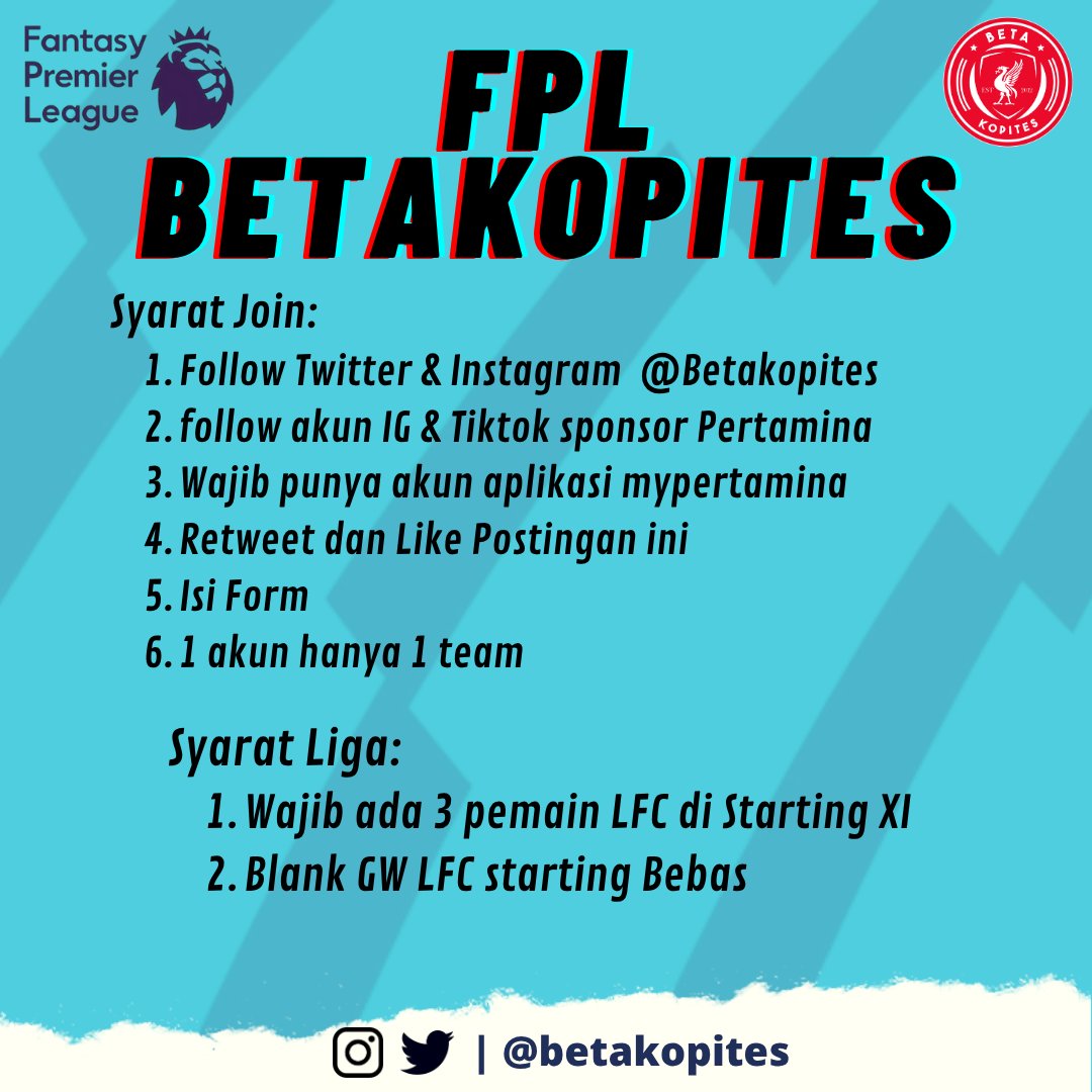 FPL BETAKOP KEMBALI HADIR!

Hadiah FPL Betakop: Total uang tunai sebesar 1 juta rupiah.

syarat: retweet tweet ini dan komen nama manager dan nama team kalian.

WAJIB ISI FORM: forms.gle/dJUHimQrD1w9YW…

cc <a href="/pisangij01/">FPL Liga Pisangijo</a>