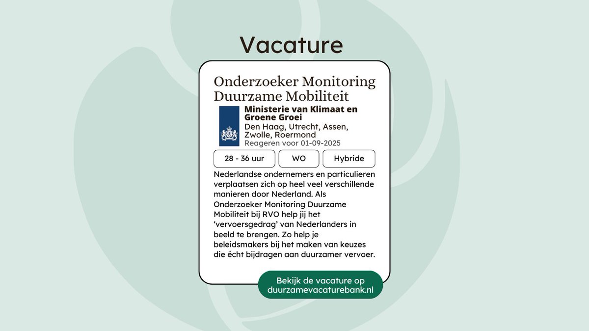 Als Onderzoeker Monitoring Duurzame Mobiliteit bij RVO help jij het ‘vervoersgedrag’ van Nederlanders in beeld te brengen. Zo help je beleidsmakers bij het maken van keuzes die écht bijdragen aan duurzamer vervoer.

Meer weten? 👉 duurzamevacaturebank.nl/vacature/minis…

#Vacature
