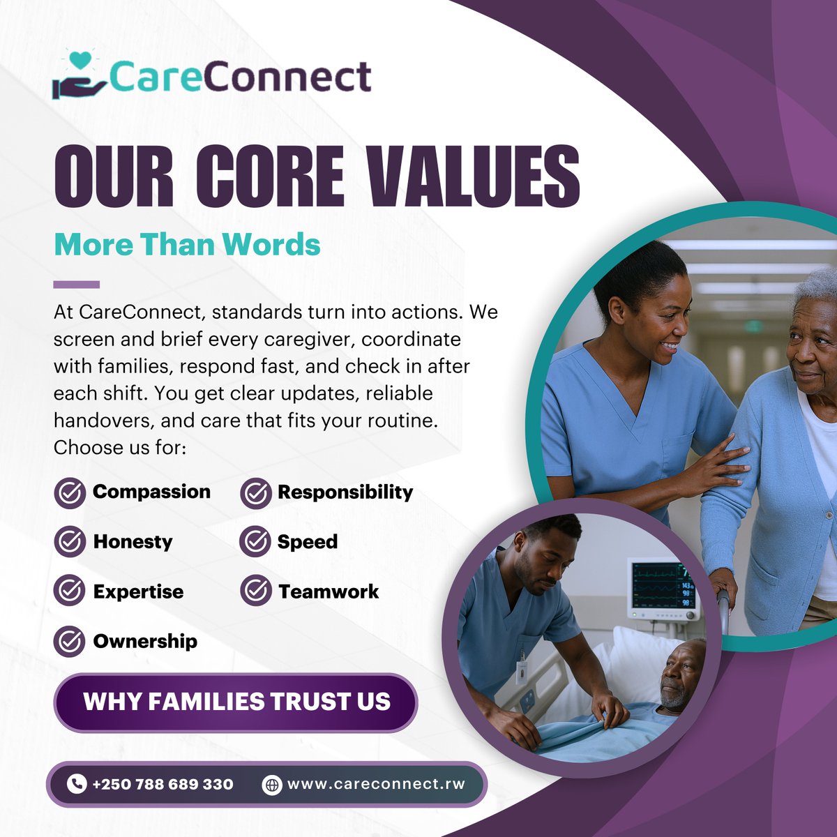 Careconnectrw's tweet photo. What drives our caregivers? Values like honesty and compassion. 🤝 We hold ourselves to high standards,  read about our core values on our site and know you’re in good hands. #CareConnect #OurValues #Care #caregiver https://t.co/oyOrYS6kWc