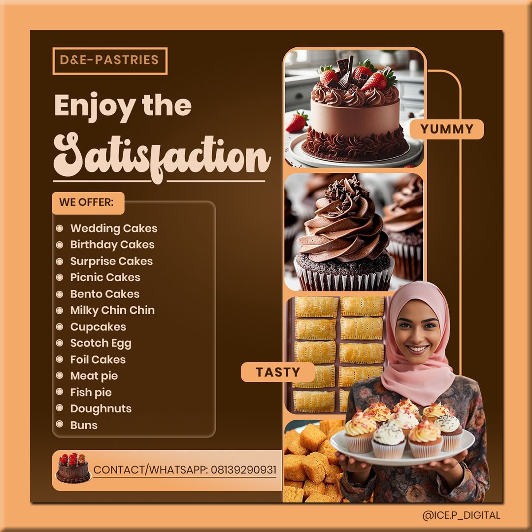 Mizta_ice's tweet photo. DAY 1
Freshly baked visuals for freshly baked treats 🍰✨
This flyer blends rich colors, sweet imagery & clear text to make the brand irresistible.
#FlyerDesign #BakingBrand #GraphicDesign
#tarius5dayschallenge #branding #BBNaijaS10 #deprem #fabrizio #Creative https://t.co/stFuJlBCYf