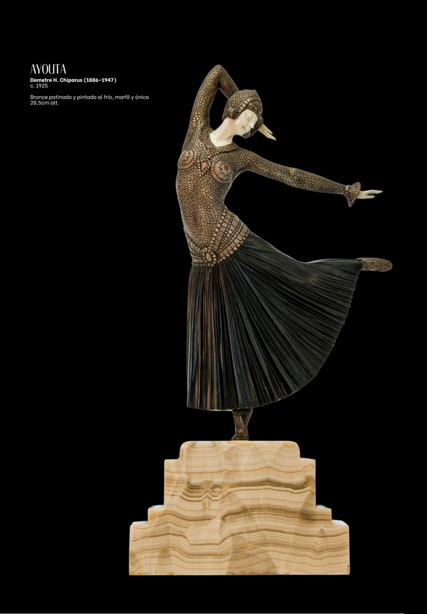 museocasalis's tweet photo. 🧵(2/4) Y nuestra protagonista es la #criselefantina “Ayouta”creada por #Chiparus combinando formas y materiales en una pieza inspirada en los Ballet Rusos de #Diaghilev y cabarets, con influencias orientales y teatrales
📸c. 1925.Bronce patinado y pintado al frío,marfil y ónice https://t.co/PVM3DcnJwY