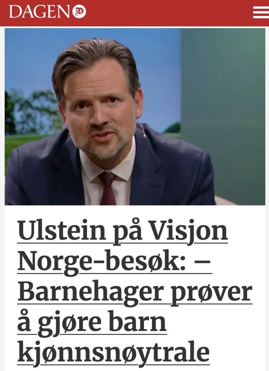 Kan nokon fortelje meg kva kjønnsnøytrale barn er? Det er like før Ulstein tar ein Trump og fortel om foreldre som leverte Rakel på skulen om morgonen og til sitt sjokk fekk ho attende som Rasmus om ettermiddagen. Ein må vere skikkeleg ekstrem for å slå gjennom hos Visjon Norge.
