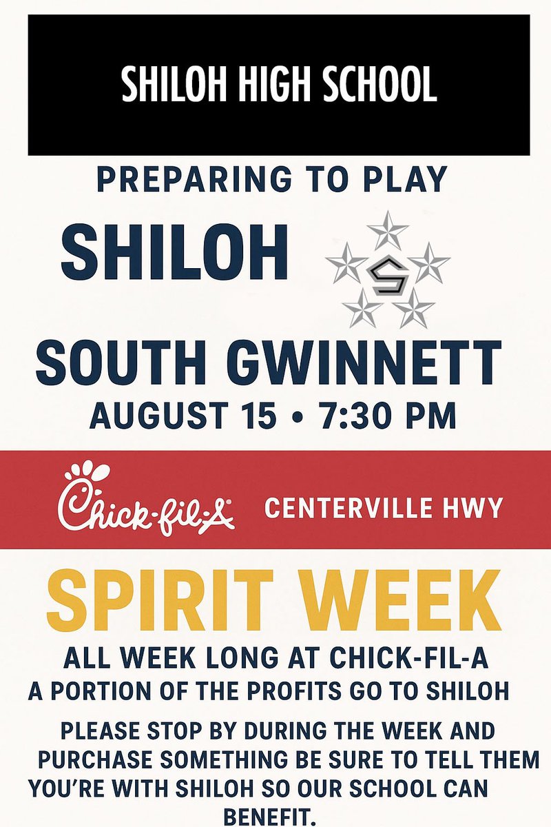 ShilohAthletics's tweet image. 🏈🔥 Shiloh CFA Spirit Week is here!
Join us at Chick-fil-A on Centerville Hwy all week long as we get ready to face South Gwinnett on 8/15 at 7:30 PM.
A portion of all sales will benefit Shiloh. Mention you’re with Shiloh when ordering!

#HSFootball
 #GoGenerals #OneShiloh