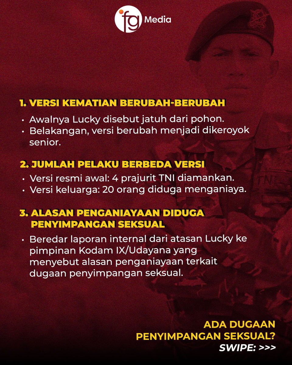 officialfgmedia's tweet image. 3 kejanggalan yang muncul dalam kasus kematian Prada Lucky!  Swipe hingga slide akhir buat tahu lengkapnya &amp;gt;&amp;gt;&amp;gt;

#PradaLucky #TNI #Kekerasan #FGMedia #FGNewsUpdate