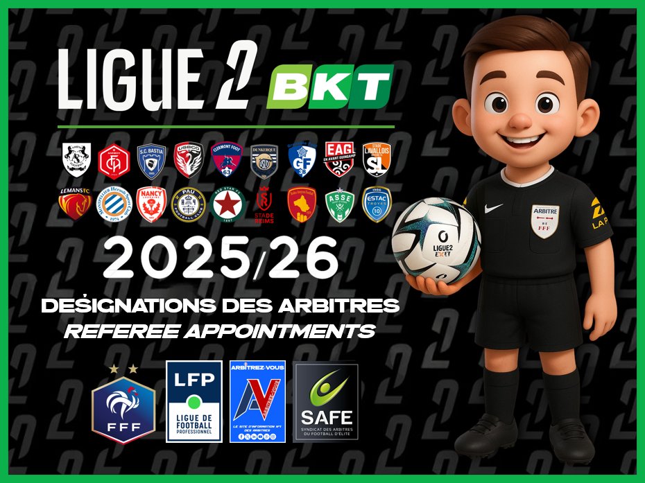 🐓| #FFF/#LFP - 🏆 #Ligue2BKT - Journée 2 - 🗓️| 15-16 &amp; 18/08/2025
💁‍♂️🇫🇷 | DÉSIGNATIONS #ARBITRES / 💁‍♂️🇬🇧 | #REFEREE APPOINTMENTS

ℹ️| arbitrezvous.com/post/fff-lfp-l…

<a href="/Ligue2BKT/">Ligue 2 BKT</a> <a href="/LFPfr/">Ligue de Football Professionnel</a> <a href="/FFF/">FFF</a> <a href="/ArbitresSAFE/">SAFE</a> <a href="/lequipe/">L'Équipe</a> <a href="/sports_ouest/">Ouest-France Sports</a> <a href="/lavoixdessports/">La Voix des Sports</a> <a href="/deux_zero/">deux-zero.com</a> <a href="/footnational/">Foot National 🏆⚽️🇫🇷</a> <a href="/footamateur_fr/">Foot Amateur</a>