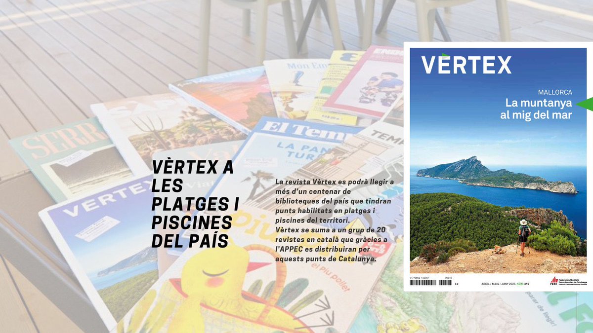 🏖️ Vèrtex arriba a les platges i piscines del país

Aquest estiu i gràcies a l' <a href="/revistesAPPEC/">APPEC · Editors de Revistes i Digitals</a> la #revistavèrtex 📖 i altres dinou revistes en català es podran llegir en diferents platges i piscines. 

Seguim llegint la muntanya ⛰️

🔗 tuit.cat/q2wX5

#sentlamuntanya