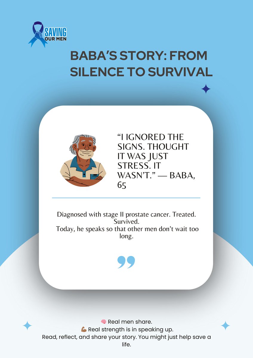 Men, what are you hiding? Who are you speaking to?
Today, he speaks so that other men don’t wait too long.

🧠 Real men share.
💪🏾 Real strength is in speaking up.

Read, reflect, and share his story. You might just help save a life.

#SavingOurMen #SurvivorStory  #ProstateCancer