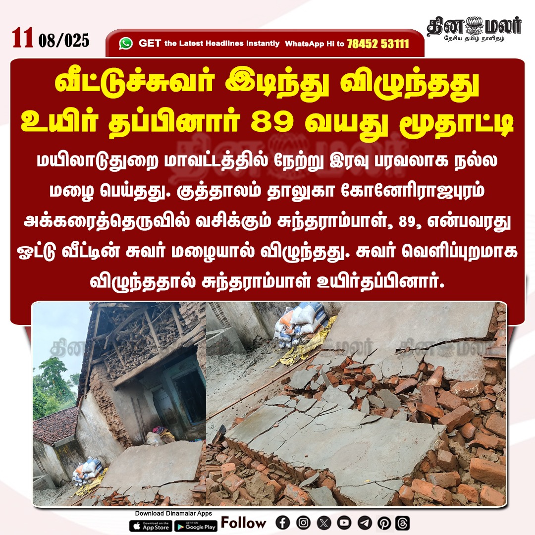 dinamalarweb's tweet photo. வீட்டுச்சுவர் இடிந்து விழுந்தது
உயிர் தப்பினார் 89 வயது மூதாட்டி
#Mayiladuthurai | #Rain | #homescollapse
https://t.co/y4W3uzOopr https://t.co/VcyXnlyB8u