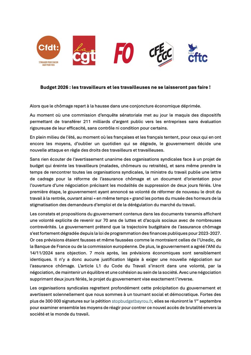 La fédération des Services Publics CFE CGC (@cfecgcfp) on Twitter photo 🚨 Budget 2026 : non à la casse sociale ! +300 000 signatures déjà sur stopbudgetbayrou.fr
#DroitsDesTravailleurs #Budget2026 #stopbudgetbayrou <a href="/bayrou/">François Bayrou</a> <a href="/LMarcangeli/">Laurent Marcangeli</a> <a href="/CFECGC/">CFE-CGC</a> 🚨 Budget 2026 : non à la casse sociale ! +300 000 signatures déjà sur stopbudgetbayrou.fr
#DroitsDesTravailleurs #Budget2026 #stopbudgetbayrou <a href="/bayrou/">François Bayrou</a> <a href="/LMarcangeli/">Laurent Marcangeli</a> <a href="/CFECGC/">CFE-CGC</a>