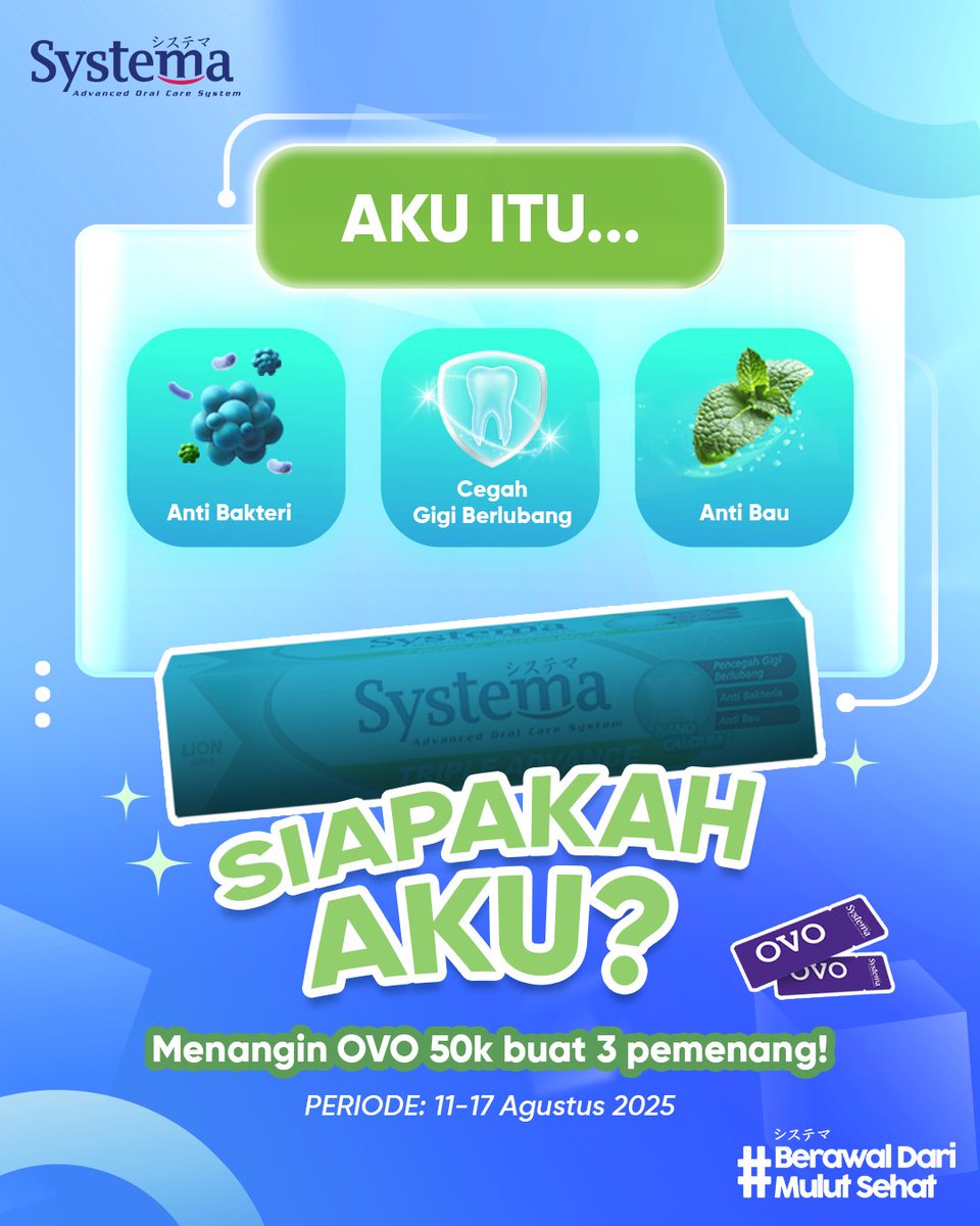 Aku itu anti bakteri, anti bau, dan bisa cegah gigi berlubang. Siapakah aku? Yang tau, yuk komen sebelum 17 Agustus 2025 dan menangkan hadiah menariknya!

#BerawalDariMulutSehat #Giveaway