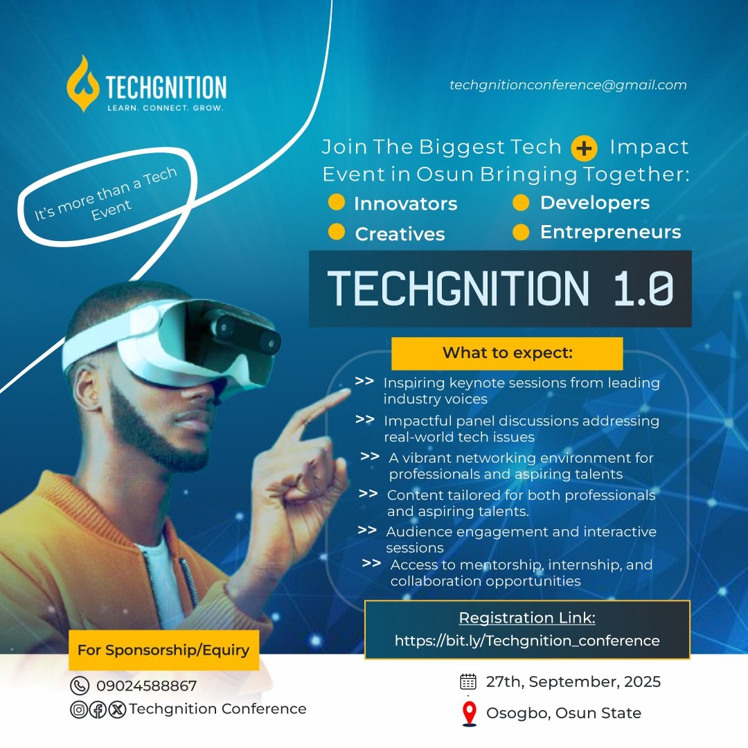 techgnition's tweet image. It’s Official!!
Registration is OPEN!
Techgnition 2025 is coming, and you don’t want to miss it.
🎯 Date: 27th of September 2025
✅ Registration is FREE but compulsory
✨ Be part of the BeyondTech movement.
🔗 Register now → bit.ly/Techgnition_co…