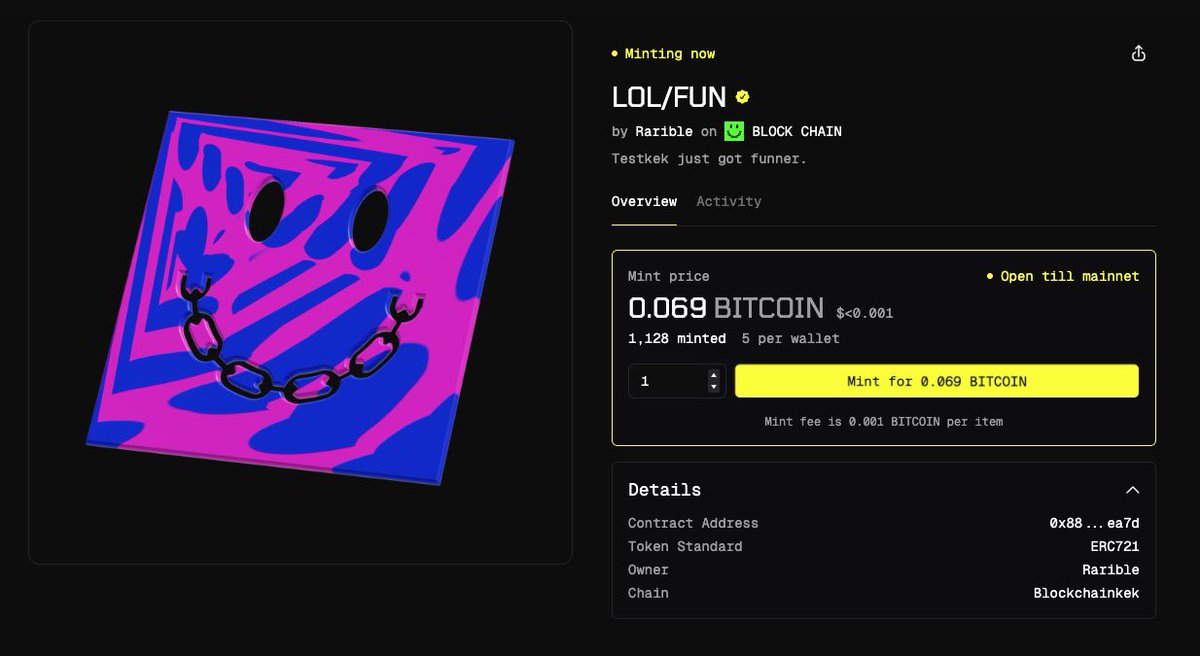 Block Chain — Mint NFT 🪂

Here’s an alpha. I found a testnet that only few one noticed

You can mint NFT for free 

      ➖add rpc (check reply)
      ➖get faucet: faucet.block-chain.lol
      ➖mint NFT: rarible.fun/blockchainkek/…

Only 1,128 nft minted! We early