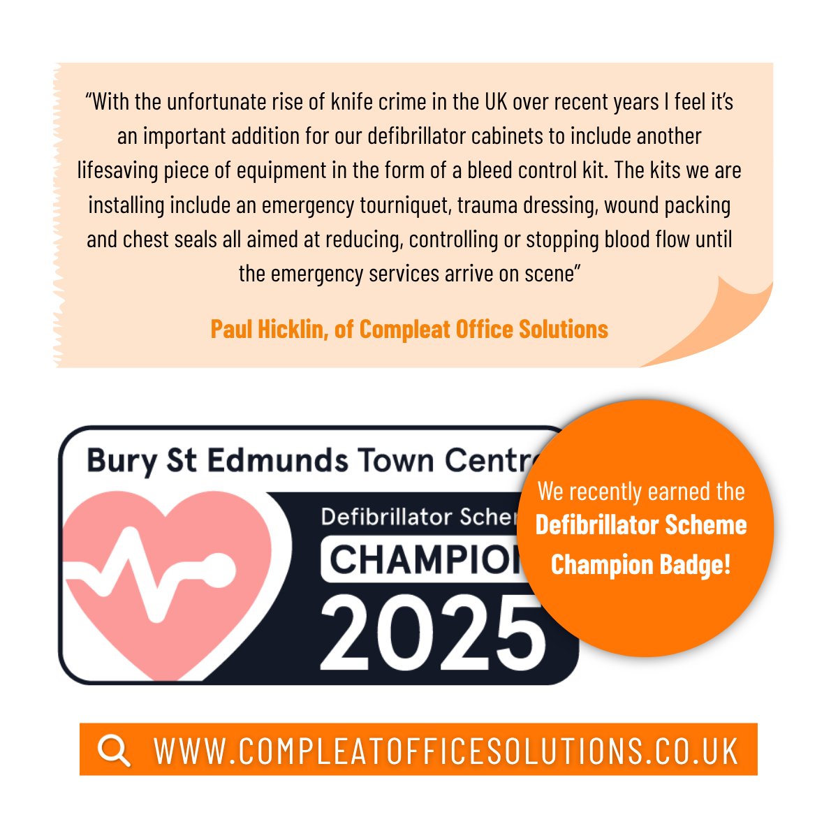 Here at Compleat Office, we’re proud to have supported the installation of a new defibrillator cabinet outside McDonald’s in Bury St Edmunds, replacing an old unit that had become rusted.

to find out more, visit our website -> compleatofficesolutions.co.uk