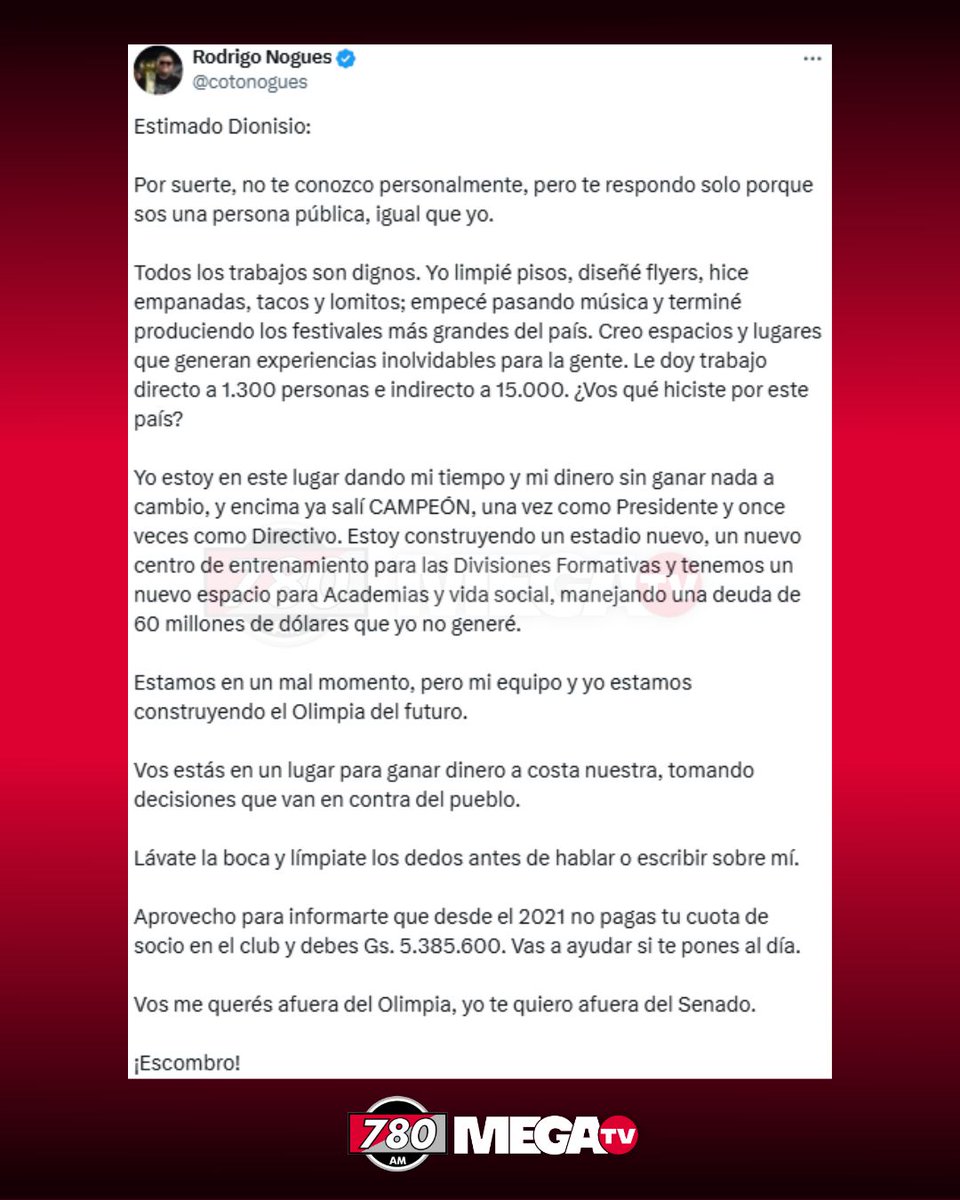 💥SENADOR CRITICA AL PRESIDENTE DE OLIMPIA Y ESTE LE RESPONDE CON UN FULMINANTE MENSAJE

💣El presidente de Olimpia, Rodrigo "Coto" Nogués, respondió al cuestionamiento del senador Dionisio Amarilla, quien se descargó en sus redes tras el resultado del partido de ayer ante