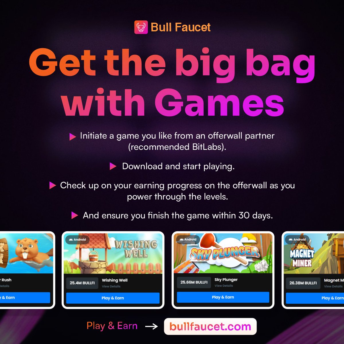 💰 Want to earn big rewards?? Then you need to start playing games. 🎮

Making $100 to $500 a month on Bull Faucet is not impossible, it's quite easier than you think. you just need to pay attention to the important things.

You need to spend more time on the platform. Peruse the