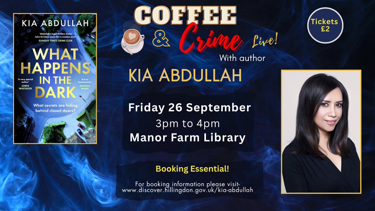 If you're in or around #Ruislip, join me and <a href="/Hill_libraries/">Hillingdon Libraries</a> for coffee and crime on Friday 26th September, 3pm, Manor Farm Library. Tickets at discover.hillingdon.gov.uk/kia-abdullah?e….