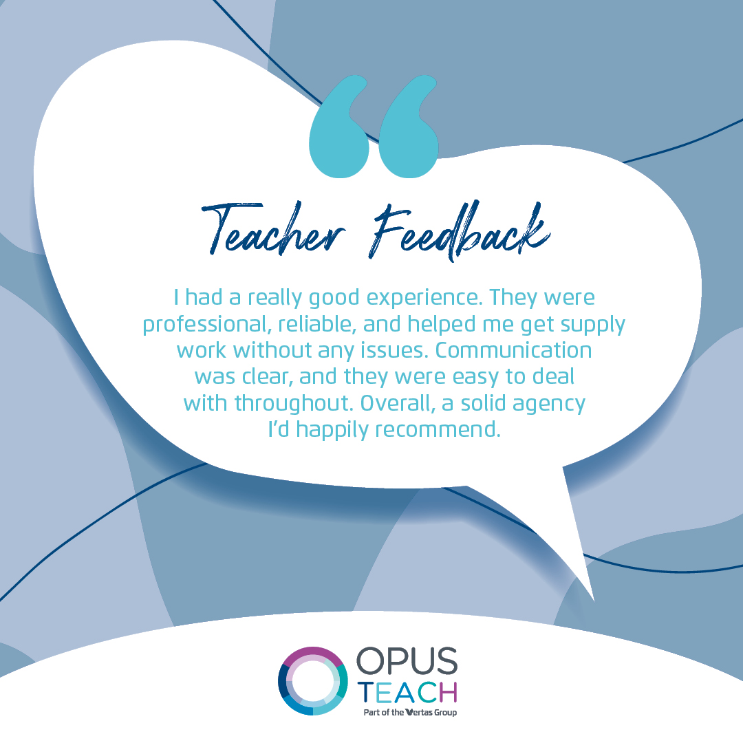 OpusTeach's tweet photo. ✨ Kicking off the week with some brilliant feedback from one of our amazing teachers!

We’re proud of the service we provide, and it’s always rewarding to see that reflected in the experiences of those we work with.

💼 Let’s get you ready for September: https://t.co/ChiVauv2HW https://t.co/3LZB61b54M
