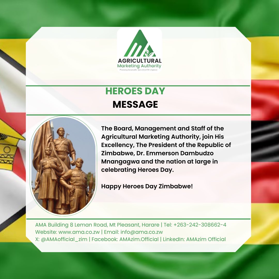 Agricultural Marketing Authority (@amaofficial_zim) on Twitter photo 🇿🇼Today, we till the land and reap the harvest of freedom because of the sacrifices of our heroes.
Happy Heroes Day, Zimbabwe!
<a href="/MoLAFWRD_Zim/">MinofLands,Agric,Fisheries,Water&Rural Development</a>
<a href="/KutsagaResearch/">Kutsaga Research</a>
<a href="/timb_zw/">Tobacco Industry & Marketing Board</a>
#HeroesDay #ProudlyZimbabwean 🇿🇼Today, we till the land and reap the harvest of freedom because of the sacrifices of our heroes.
Happy Heroes Day, Zimbabwe!
<a href="/MoLAFWRD_Zim/">MinofLands,Agric,Fisheries,Water&Rural Development</a>
<a href="/KutsagaResearch/">Kutsaga Research</a>
<a href="/timb_zw/">Tobacco Industry & Marketing Board</a>
#HeroesDay #ProudlyZimbabwean