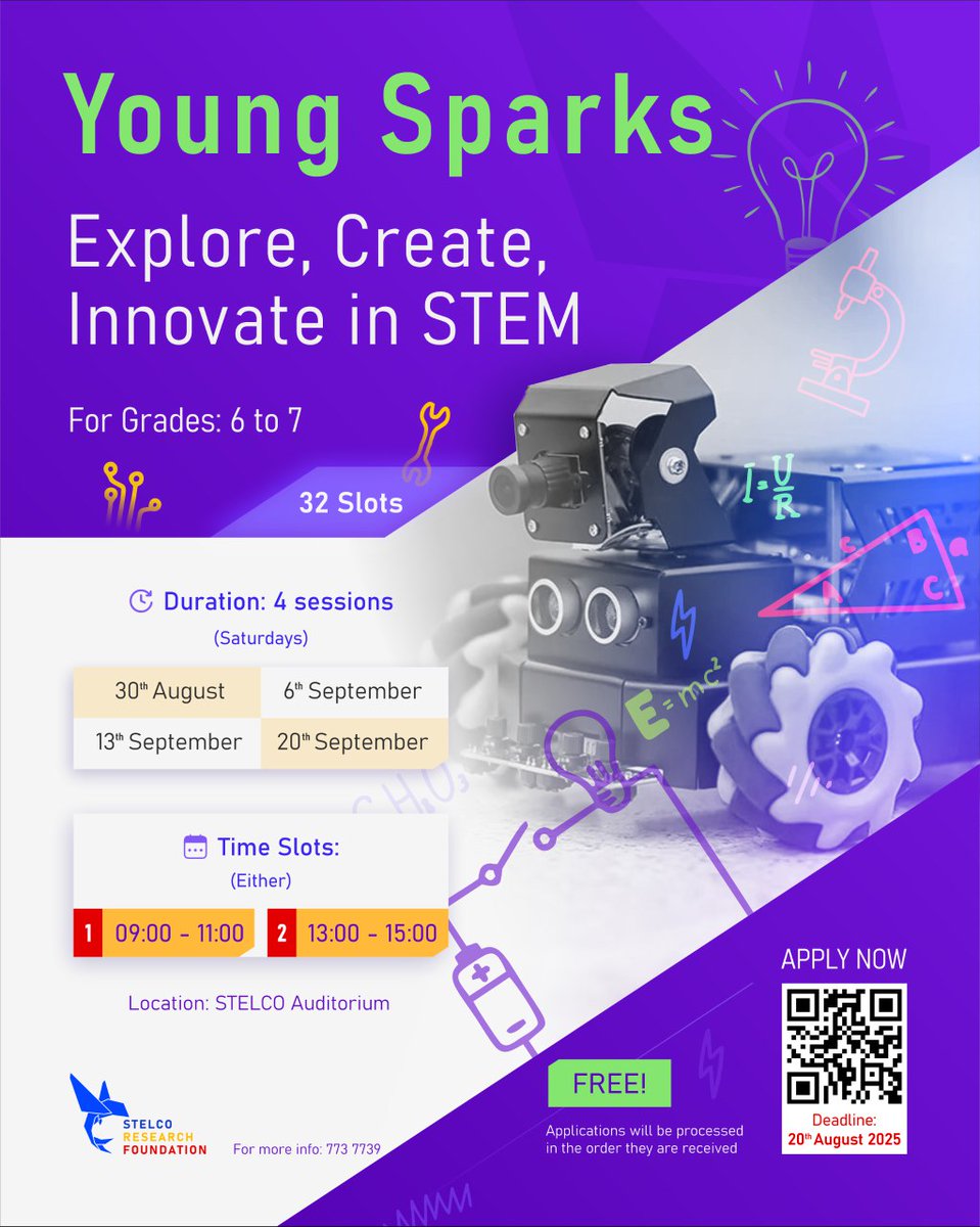🚀Young Sparks kicks off on Engineers Day!🔧💡
Calling all Grades 6 &amp; 7 innovators!
Start your STEM journey on 30th August, a day that celebrates the minds who build our future! 

Application form:
docs.google.com/forms/d/e/1FAI…

For further info📱7737739