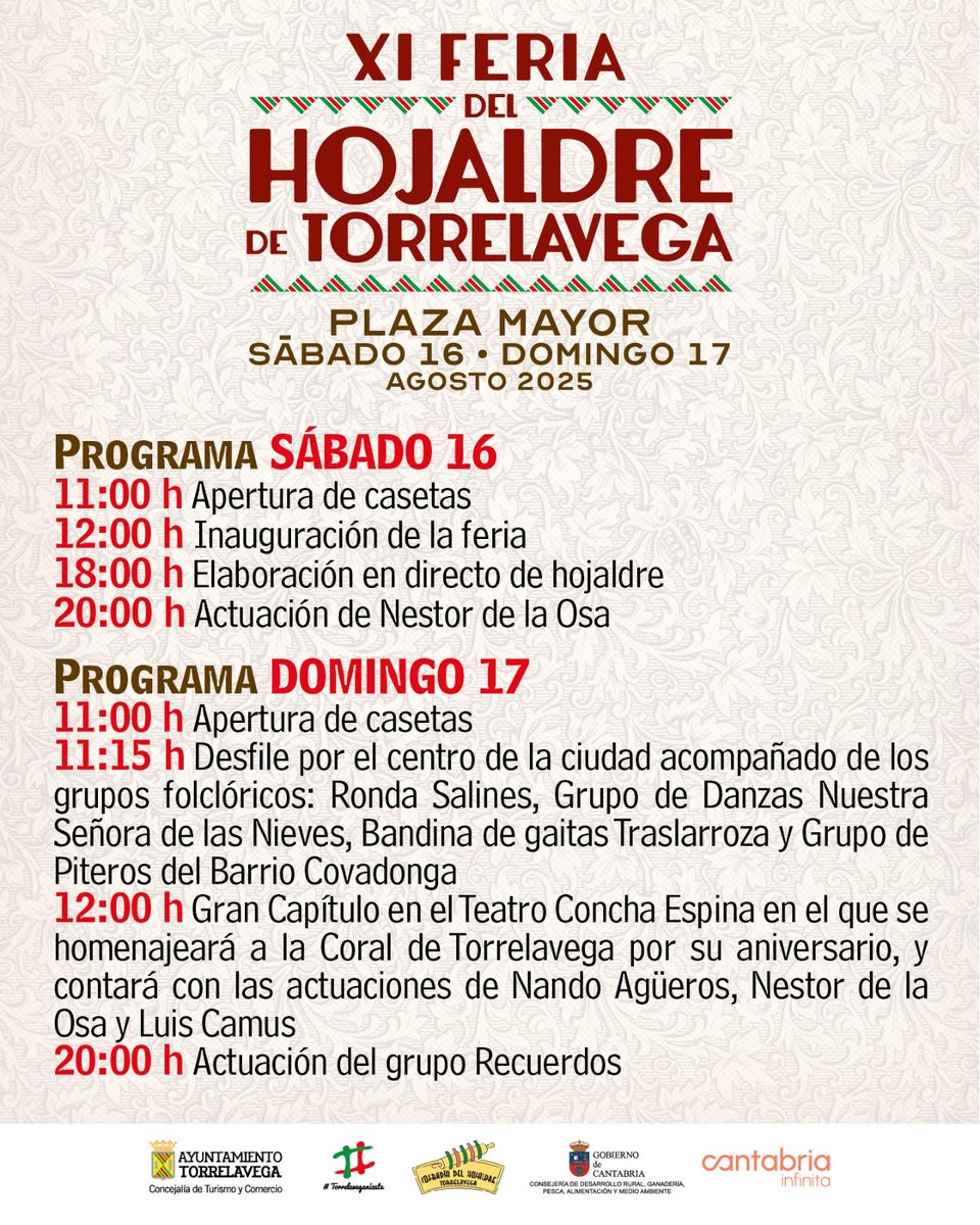 👉El próximo fin de semana se celebra la XI #FeriadelHojaldre de Torrelavega, con casetas de reposteros, demostraciones, música... en la Plaza Mayor
👉Y el domingo desfile por la ciudad y Gran Capítulo de la Cofradía del Hojaldre con homenaje a la Coral 
#LaPatrona #Torrelavega