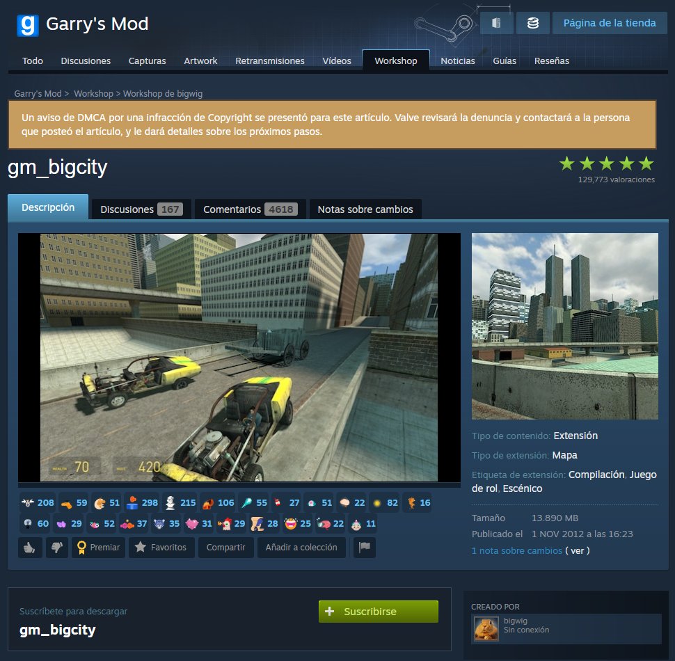 DaftHero's tweet photo. Alguien acaba de hacerle una reclamación por copyright al famoso mapa de Garry's mod gm_bigcity y ahora el mapa está en peligro de ser eliminado para siempre de la workshop de Steam...

Esto es como el 11 de septiembre para los fanaticos de gmod