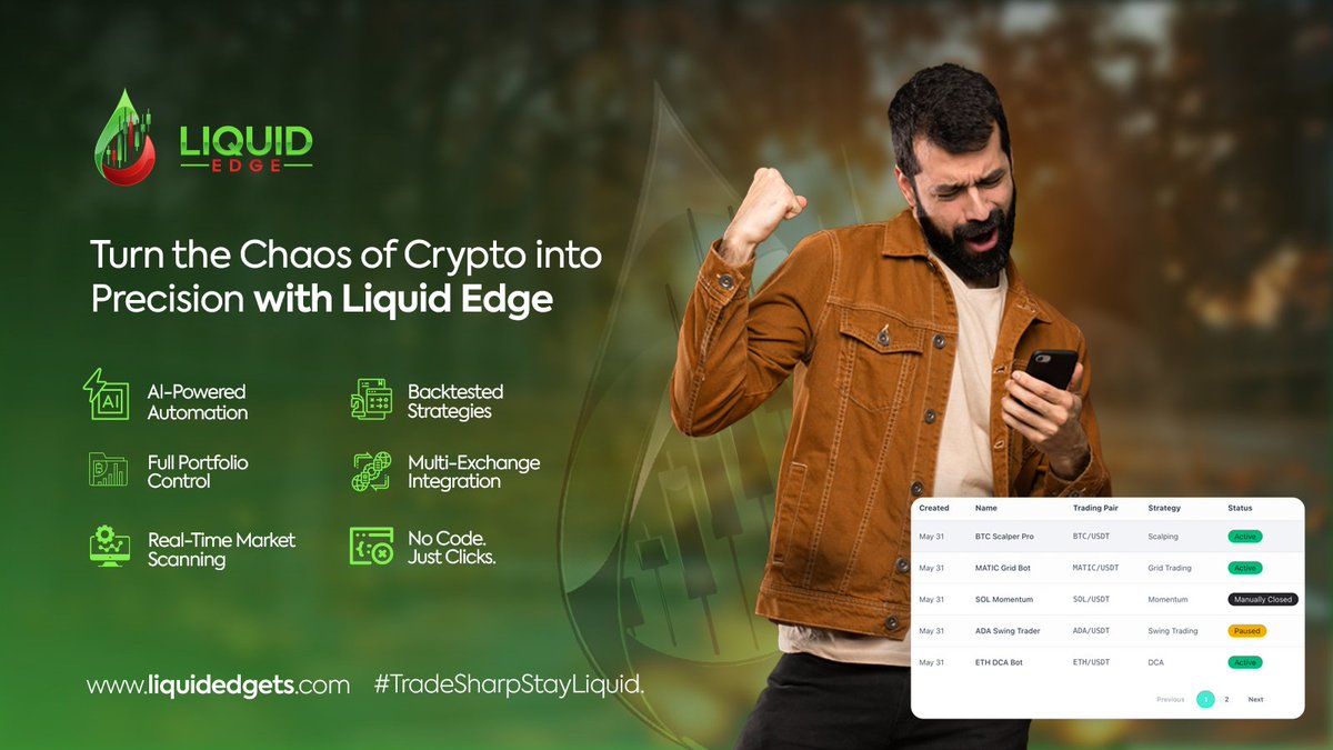 LiquidEdgeNTWRK's tweet photo. Turn the chaos of crypto into precision — with Liquid Edge.
✅ AI-powered automation
✅ Real-time market scanning
✅ Full portfolio control
🔗 https://t.co/VVTrN87V7u
#cryptotrading #web3 #fintech #AI #liquidedge #tradingbots #tradesmart #automatedtrading #realtimemarket #portfoliocontrol #cryptomarket #AIautomation #cryptoedge