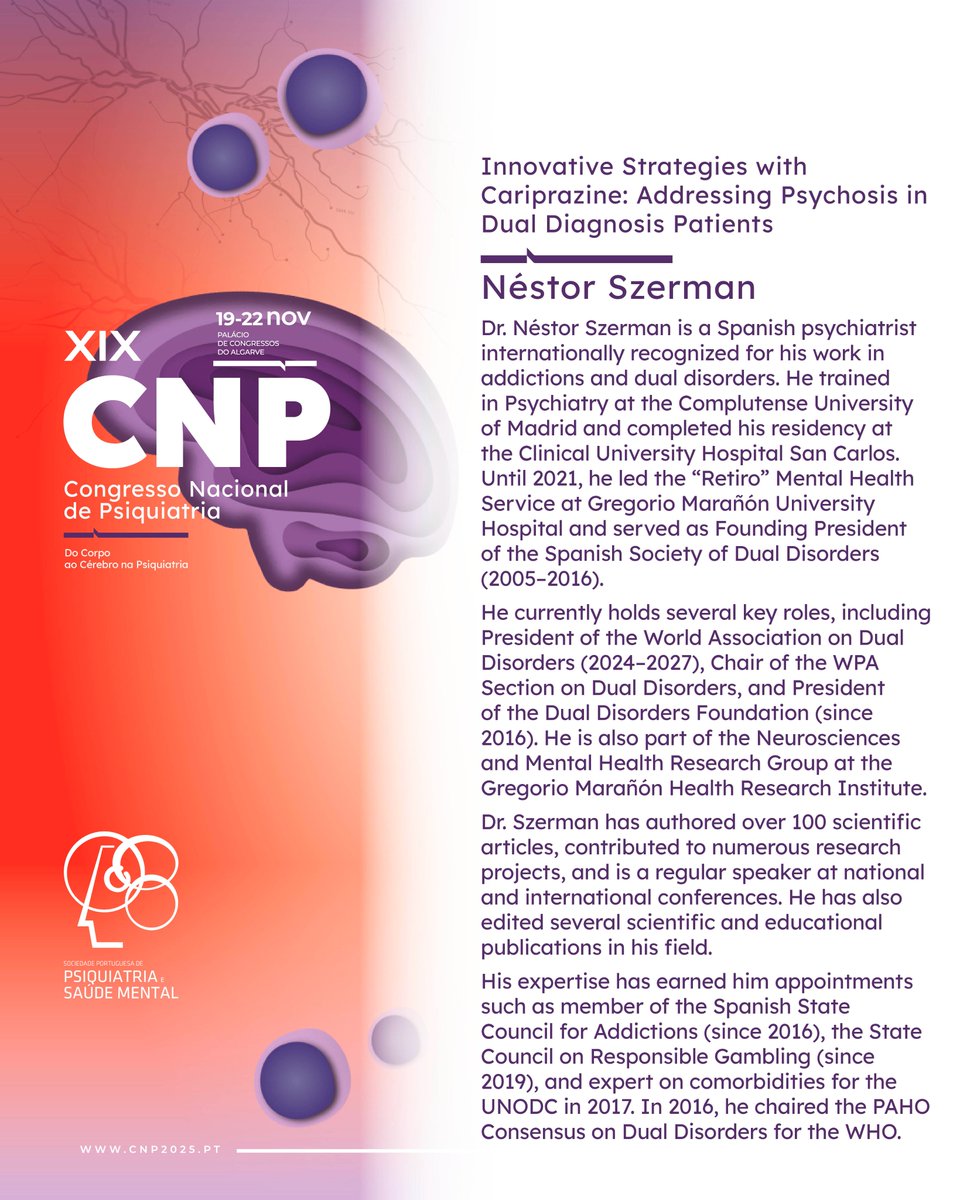 🔔 𝗗𝗿. 𝗡é𝘀𝘁𝗼𝗿 𝗦𝘇𝗲𝗿𝗺𝗮𝗻 é um dos palestrantes que vai estar presente no XIX Congresso Nacional de Psiquiatria. 👏

🔗 Para mais informações sobre o #CNP2025, consulte o site: cnp2025.pt

Contamos com a sua participação! 🧠💬