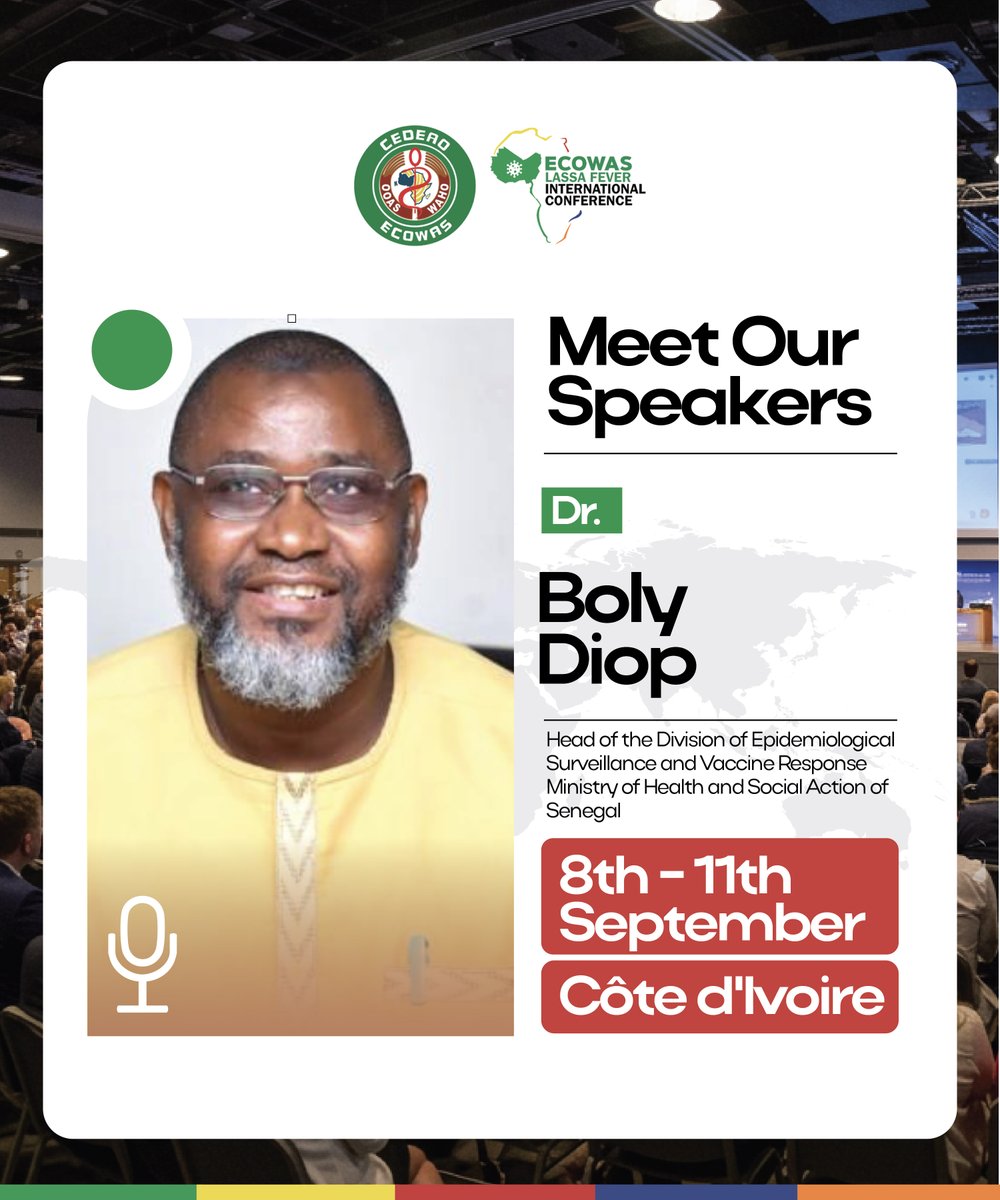 ECOWAS Lassa Fever International Conference (@ecowas_lic) on Twitter photo Dr Boly Diop has led Senegal’s fight against outbreaks, strengthening surveillance & vaccine response to infectious diseases.
At #ECOWASLIC2025, he’ll join experts to explore how strong surveillance & cross-border action can turn the tide on Lassa fever: lassafeverinternationalconference.org/register/ Dr Boly Diop has led Senegal’s fight against outbreaks, strengthening surveillance & vaccine response to infectious diseases.
At #ECOWASLIC2025, he’ll join experts to explore how strong surveillance & cross-border action can turn the tide on Lassa fever: lassafeverinternationalconference.org/register/