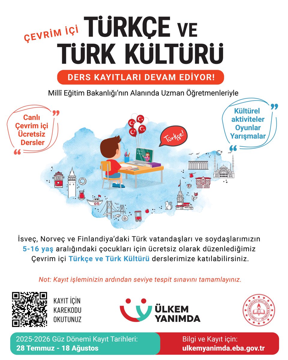 İsveç, Norveç ve Finlandiya'daki 5-16 yaş arası çocuklarımıza yönelik ücretsiz Çevrim içi Türkçe ve Türk Kültürü Dersleri 2025-2026 Güz Dönemi kayıtlarımız devam ediyor!

📌Kayıt formu: ulkemyanimda.eba.gov.tr/moodle/login/s…

<a href="/mebyyegm/">Yükseköğretim ve Yurt Dışı Eğitim Genel Müdürlüğü</a>