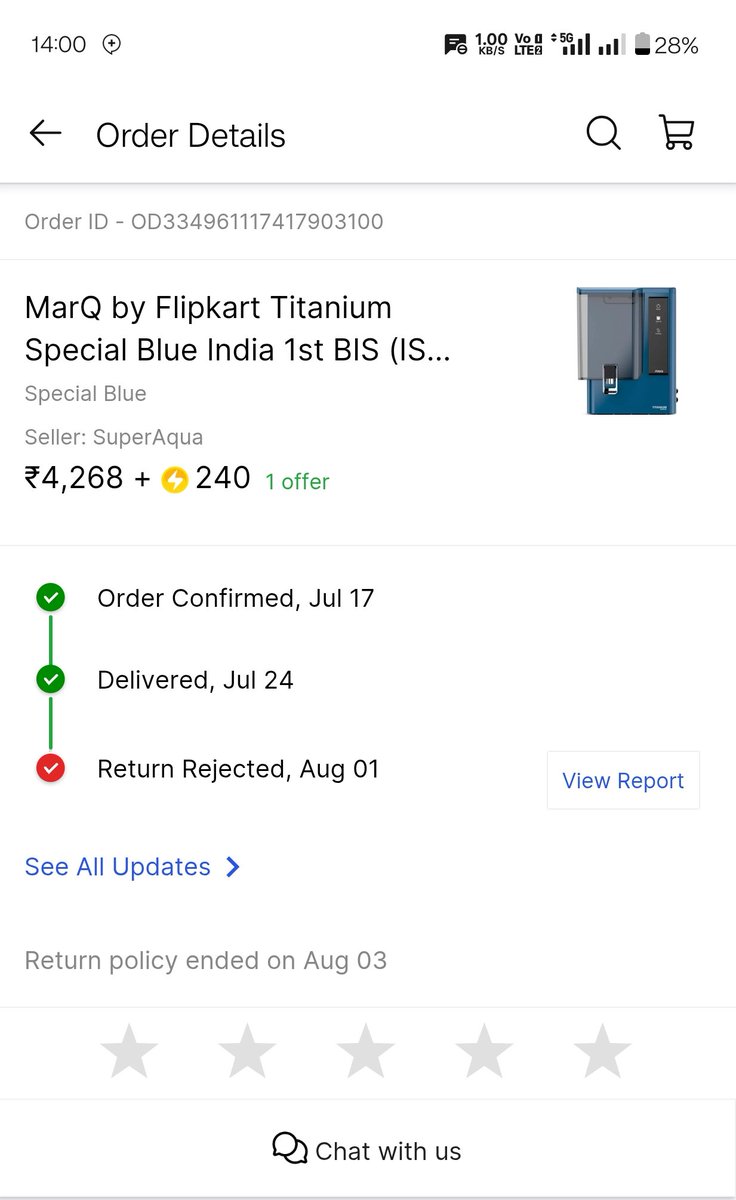 29stunner's tweet photo. @Flipkart @flipkartsupport @MarQByFlipkart Bought a MarQ by Flipkart Titanium Special Blue Water Purifier (Order ID: OD334961117417903100) on July 17, delivered July 24.
Within less than 2 weeks, it stopped working! 😡 Product is still under warranty. https://t.co/OfjBVDI29b