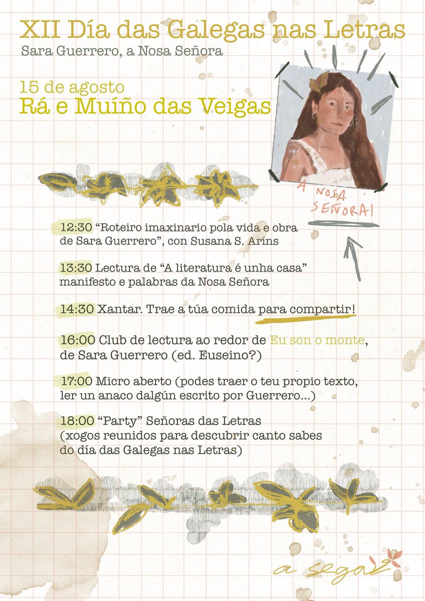 aSega_critica's tweet photo. Queda pouco para o #DíadasGalegasnasLetras! Como seguro que xa tedes a data axendada, aquí van as actividades para que non vos perdades nada 😊

Celebrades con nós a escrita de Sara Guerrero?

#XIIDGL #DGL25 #SaraGuerrero #narrativa #teatro #xornalismo #anosaseñoradasletras https://t.co/Alrfjgula1