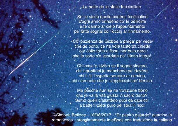 La notte de le stelle friccicoline 

©Simona Bellone - 10/08/2017 - "Er papiro gajardo" quartine in romanesco - prossimamente in eBook con traduzione in italiano