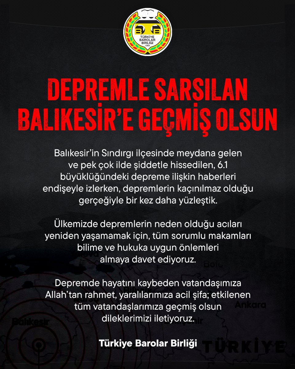 Depremle Sarsılan Balıkesir’e Geçmiş Olsun
 
 👉barobirlik.org.tr/Haberler/85839