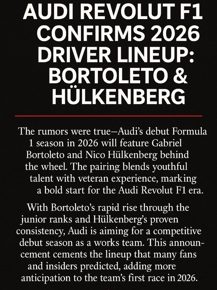 Audi Revolut F1 Confirms 2026 Driver Lineup: Gabriel Bortoleto &amp; Nico Hülkenberg.

#audi #audirevolutf1 #audif1 #formula1 #f1news #motorsport #hulkenberg #bortoleto #f1lineup #audinews #f1update #f12026 #audi202