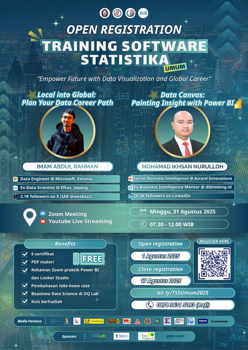 statcenter25's tweet photo. Training Software Statistika registration with Pak Imam Abdul Rahman (@weebszz) and Pak Mohamad Ikhsan Nurulloh  is still open until 17 August, here: https://t.co/Z7gtnfGACc

#DataAnalyst #DataScientist #DataEngineer #DataCareer #DataVisualization #Dashboard #PowerBI https://t.co/9BNZNlwEHx