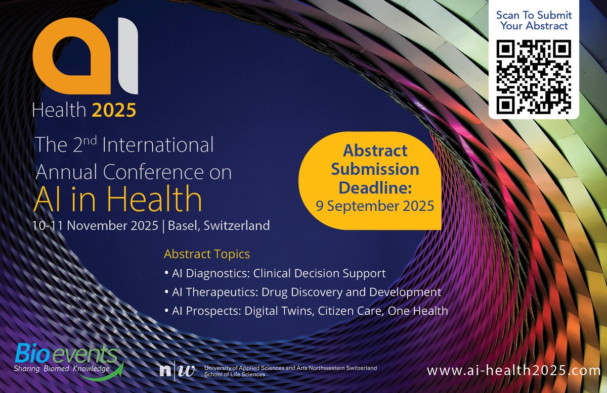 𝐓𝐡𝐞𝐫𝐞 𝐢𝐬 𝐬𝐭𝐢𝐥𝐥 𝐭𝐢𝐦𝐞 𝐭𝐨 𝐩𝐫𝐞𝐬𝐞𝐧𝐭 𝐲𝐨𝐮𝐫 𝐟𝐢𝐧𝐝𝐢𝐧𝐠𝐬 𝐚𝐭 #𝐚𝐢𝐇𝐞𝐚𝐥𝐭𝐡𝟐𝟎𝟐𝟓! 
Are you exploring the latest in AI Diagnostics, AI Therapeutics, or the future prospects of AI in healthcare?
🔗ai-health2025.com
 #aihealth #aihealthcare