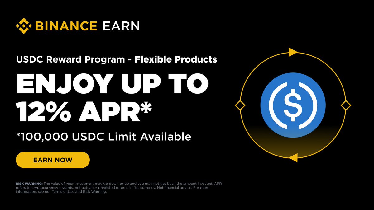 The Binance USDC Rewards Program: Flexible Products APR Boost is now live,  giving you a chance to earn more with your USDC holdings. Earn up to 12%  APR on your first 100,000