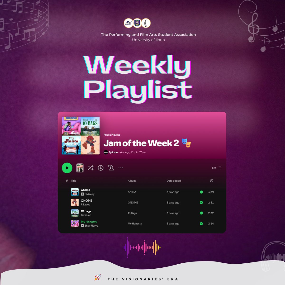 pfaunilorin1981's tweet photo. We bring you the second edition of our weekly series titled “Jam of the Week” a curated playlist featuring songs by talented students from our department.

Listen now on Spotify:
(LINK IN BIO)

Forward Together. 🚀
#PASA #JamOfTheWeek #TheVisionariesEra #PerformingAndFilmArts https://t.co/BdWsj7BRM1