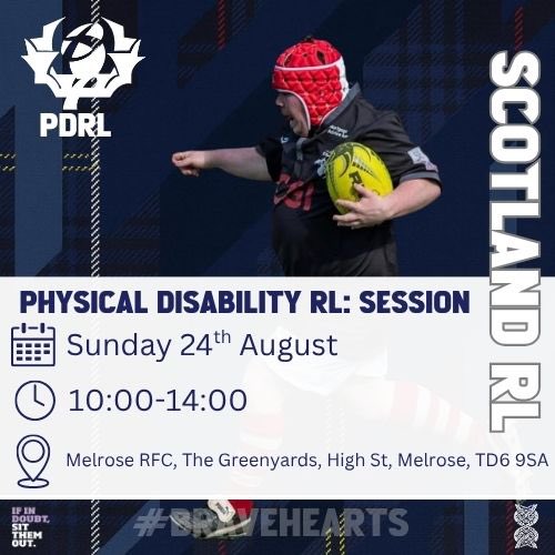 Our next Physical Disability Rugby League (PDRL) session is coming up on Sunday, 24th August.

New to PDRL? Find out more here: rugby-league.com/get-involved/p….

To register your interest or find out more about PDRL in Scotland, contact James 07943813228.

#Bravehearts #rugbyleague #pdrl