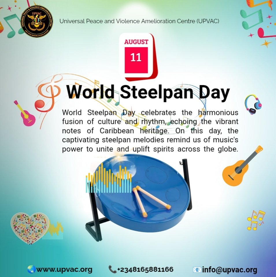 UPVAC1's tweet photo. Happy World Steelpan Day! 🥁
Originating from Trinidad &amp; Tobago, the steelpan’s joyful rhythms unite cultures, empower youth, and inspire creativity worldwide. 
#UPVAC #WorldSteelpanDay #August11 #CulturalHeritage #GlobalRhythm https://t.co/kMZtYN0hbx