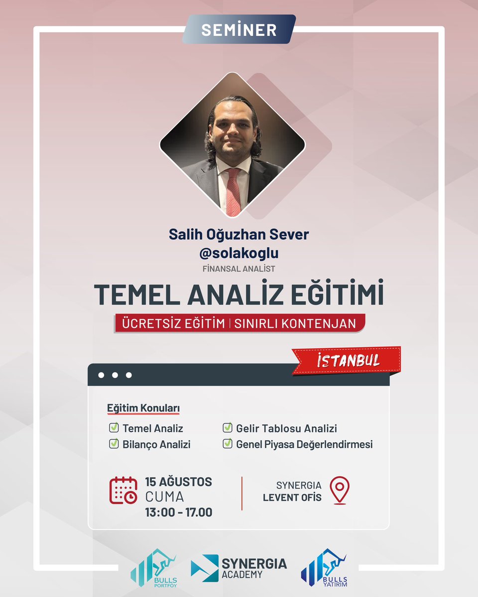 Bulls Yatırım ve Bulls Portföy iş birliğinde temel analiz eğitimi gerçekleştiriyoruz!

Uzman eğitmenimiz <a href="/solakogIu/">Solakoğlu</a> ile piyasaları doğru okumayı ve bilinçli yatırım yapmayı öğrenin. 

📌 Ücretsiz, sınırlı kontenjan
⏳ course.synergia.com.tr